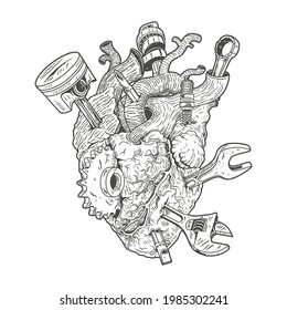 human heart with embedded workshop equipment ,premium vector