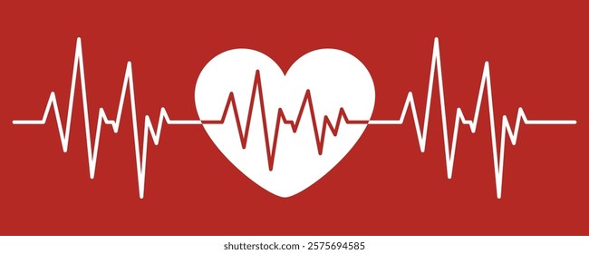 Human heart and the encephalogram. Heart pulse. Red and white colors. Heart rhythm graph. Heartbeat line. Medicine, Healthcare.