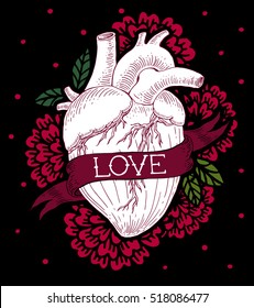 Human heart engraving illustration. Style tattoo. vintage ribbon. Hand drawn lettering.