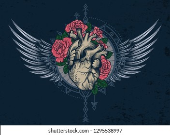 Human heart in engraving technique and blooming roses  wings   wind rose grunge background  Tattoo  tee shirt print design  Vector illustration 