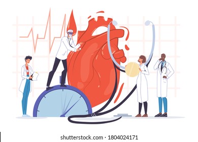 Human Heart Examination. Doctor Cardiologist Team In Uniform, Stethoscope. Cardiogram Ecg Test Conduction. Heartbeat Check. Cardiac Health. Cardiology Healthcare And Medicine. Coronavirus Complications