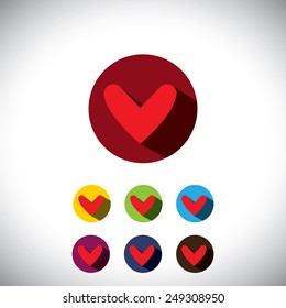 human heart flat design icons or symbols for love - simple vector graphic. This has the love icon on blue, green, orange and pink backgrounds & useful for websites, documents, apps, printing