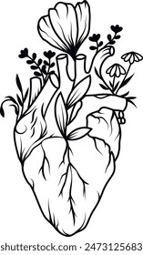 Human heart with flowers and leaves