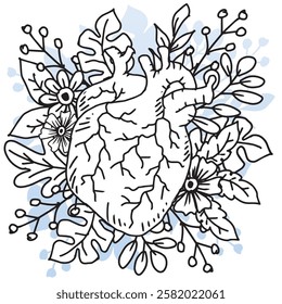 Human heart with flowers and leaves. Vector illustration in doodle style.