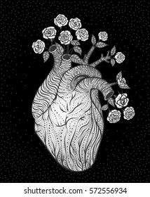 Human heart with flowers. Vector illustration. Tattoo style. Vintage 