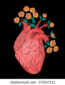 Human heart with flowers. Vector illustration. Tattoo style. Vintage 