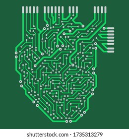 El corazón humano en forma de circuito electrónico. El patrón decorativo está estilizado como placa de circuito eléctrico verde.