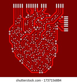 The human heart in the form of an electronic circuit. The decorative pattern is stylized as a green electric circuit Board.