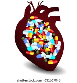 Human Heart Full of Vitamins & Supplement Pills. 3D Vector Illustration