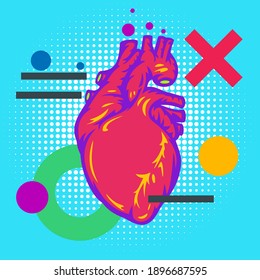 Corazón humano con elementos geométricos en el estilo de comic del arte pop moderno. Diseño colorido para impresión, afiche, portada. Ilustración vectorial.