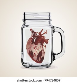 Human heart in a glass jar. Vector illustration