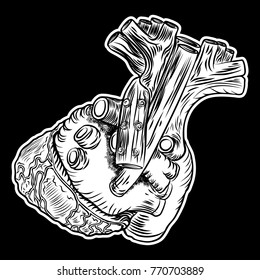 Human heart. Hand drawn flesh tattoo concept of heart symbol of love, feelings, energy. Anatomical details with veins t-shirt design. Vector.