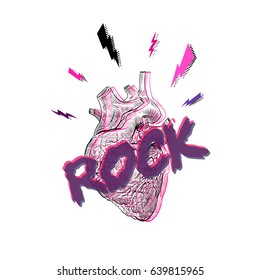 Human heart hand drawn isolated on a white backgrounds. Rock and roll style. Fashion illustration.Vector sketch design.