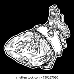 Human heart in hand drawn style. Anatomical sketch concept in gold for flesh tattoo or print t-shirt, smart phone, poster. Fashionable patch heart sticker. Doodle pop art sketch badge. Vector.