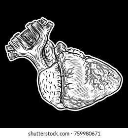 Human heart in hand drawn style. Anatomical sketch concept in gold for flesh tattoo or print t-shirt, smart phone, poster. Fashionable patch heart sticker. Doodle pop art sketch badge. Vector.