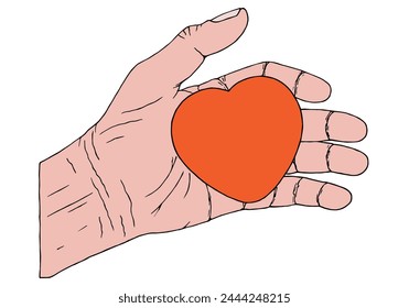 Human heart in hand. Life concept. Take care of life. Heart diseases. Mercy and help. Freehand drawing. Doodle. Hand Drawn. Outline.