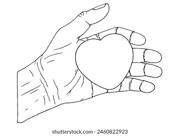 Human heart in hand. Life concept. Take care of life. Heart diseases. Mercy and help. Freehand drawing. Doodle. Hand Drawn. Outline.	