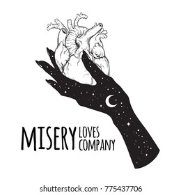 Human heart in hand misery  obscurity  depression  Misery loves company  Sticker  print blackwork tattoo hand drawn vector illustration 