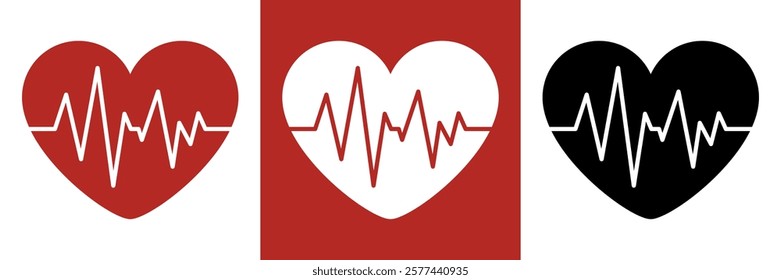 Human heart icon and encephalogram. Pulse of the heart. Red, white and black colours. Graph of heart rhythm. The line of the heartbeat. Medicine, public health.