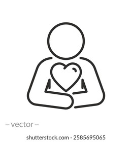 human with heart icon, self love, yourself care, thin line vector illustration