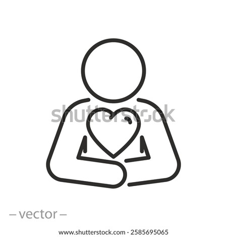 human with heart icon, self love, yourself care, thin line vector illustration