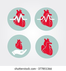 Human heart icon set with cardiogram and hand. Medical icon.