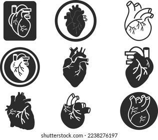 Juego de iconos de corazón humano, conjunto de iconos de órganos internos humanos vector negro