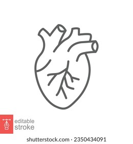 Human heart icon. Simple outline style. Internal organ, real, cardiology, cardiac anatomy, medical concept. Thin line symbol. Vector illustration isolated on white background. Editable stroke EPS 10.