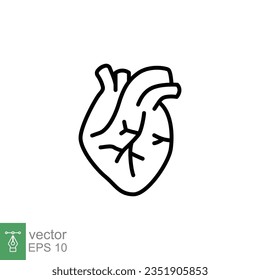 Icono del corazón humano. Estilo de contorno simple. Órgano interno, real, cardiología, anatomía cardíaca, concepto médico. Símbolo de línea delgada. Ilustración vectorial aislada en fondo blanco. EPS 10.