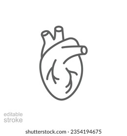 Human heart icon. Simple outline style. Internal organ, real, cardiology, cardiac anatomy, medical concept. Thin line symbol. Vector illustration isolated on white background. Editable stroke EPS 10.