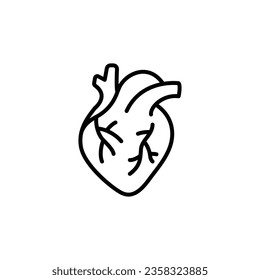 Icono del corazón humano. Estilo de contorno simple. Órgano interno, real, cardiología, anatomía cardíaca, concepto médico. Símbolo de línea delgada. Ilustración vectorial aislada en fondo blanco. EPS 10.