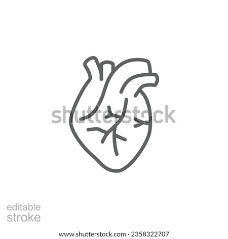 Human heart icon. Simple outline style. Internal organ, real, cardiology, cardiac anatomy, medical concept. Thin line symbol. Vector illustration isolated on white background. Editable stroke EPS 10.