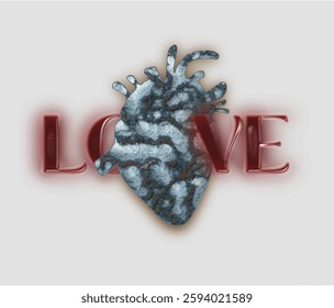 Human heart illustration with a red love typography. 3d illustration. romance love design. Love image. Romance design. amazing LOVE graphic design in eps file. real heart illustration.