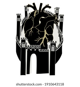 Human heart inside fortified medieval castle. Creative romantic concept.