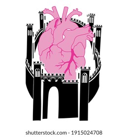 Human heart inside fortified medieval castle. Creative romantic concept.