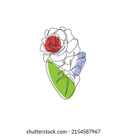 Human Heart Line art with Tea Rose vector clip art