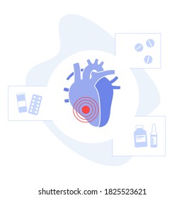 Human heart logo for cardiology clinic. Cardio and healthcare concept. Cardiovascular disease and treatment. Cardiomyopathy and cancer in Internal organ. Medical poster. Flat vector illustration.
