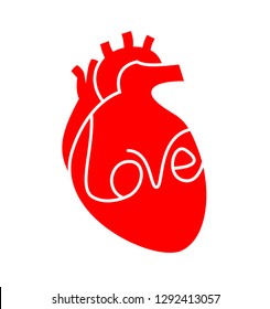 Human heart with love text inside. Flat style, icon design. Health care concept. World heart day. Illustration isolated on white background.