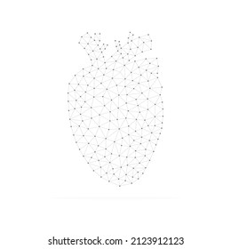 Corazón humano con puntos bajos y negros conectados. Órgano interno con formas triangulares lineales. Vector aislado sobre fondo blanco.