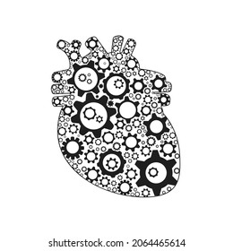 The human heart is made up of gears. Vector illustration, flat minimal design, dark silhouette, outline, isolated on white background, eps 10.