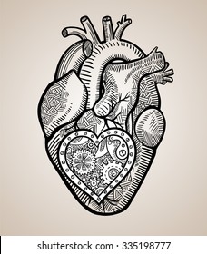 The human heart with a mechanical heart inside in the graphic style