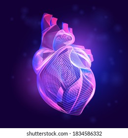 Human Heart Medical Structure. Outline Vector Illustration Of Body Part Organ Anatomy In 3d Line Art Style On Neon Abstract Background