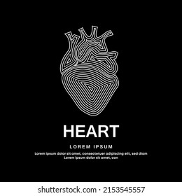 Human Heart Medical Structure. Simple Line Art Heart Vector Logotype Illustration On Dark Background. Cardiology Logo Vector Template Suitable For Organization, Company, Or Community. EPS 10