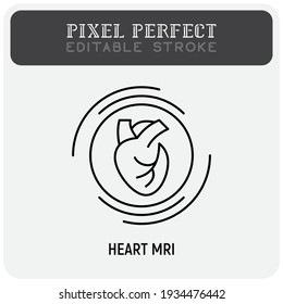 Human Heart MRI Scan Thin Line Icon. Medical Equipment For Oncology Detection. Pixel Perfect, Editable Stroke. Vector Illustration.