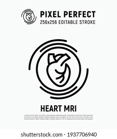 Human Heart MRI Scan Thin Line Icon. Medical Equipment For Oncology Detection. Pixel Perfect, Editable Stroke. Vector Illustration.