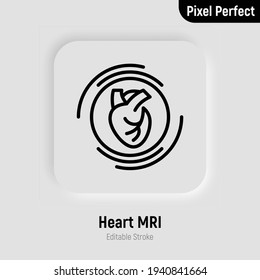 Human Heart MRI Scan Thin Line Icon. Medical Equipment For Oncology Detection. Pixel Perfect, Editable Stroke. Vector Illustration.