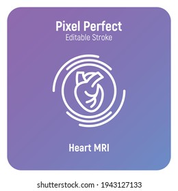 Human Heart MRI Scan Thin Line Icon. Medical Equipment For Oncology Detection. Pixel Perfect, Editable Stroke. Vector Illustration.