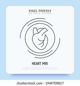 Human Heart MRI Scan Thin Line Icon. Medical Equipment For Oncology Detection. Pixel Perfect, Editable Stroke. Vector Illustration.