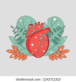 A human heart on a background of cute flowers.