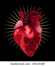 Human heart on black background. Vector illustration in tattoo style